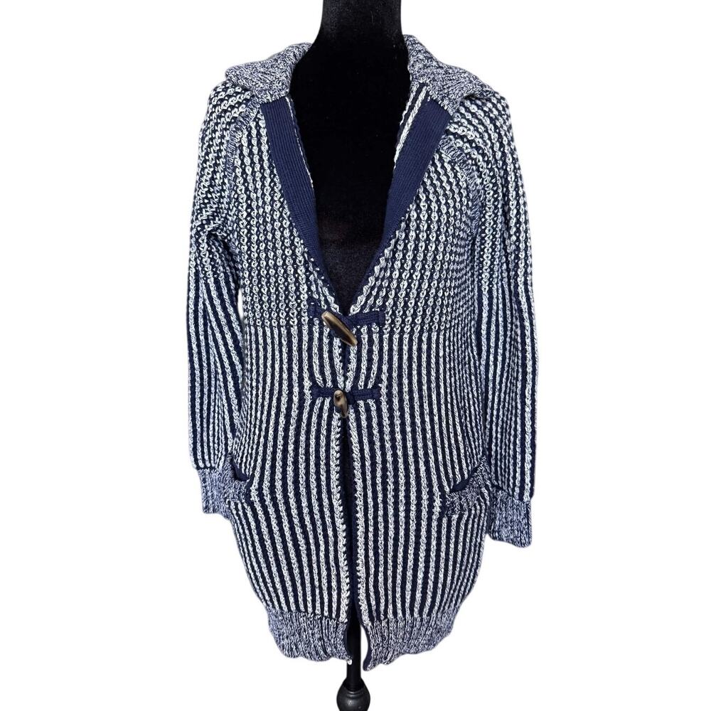 Gap Heavy Chunky Knit Sweater Toggle Cardigan Blue White Coastal Grandma XS